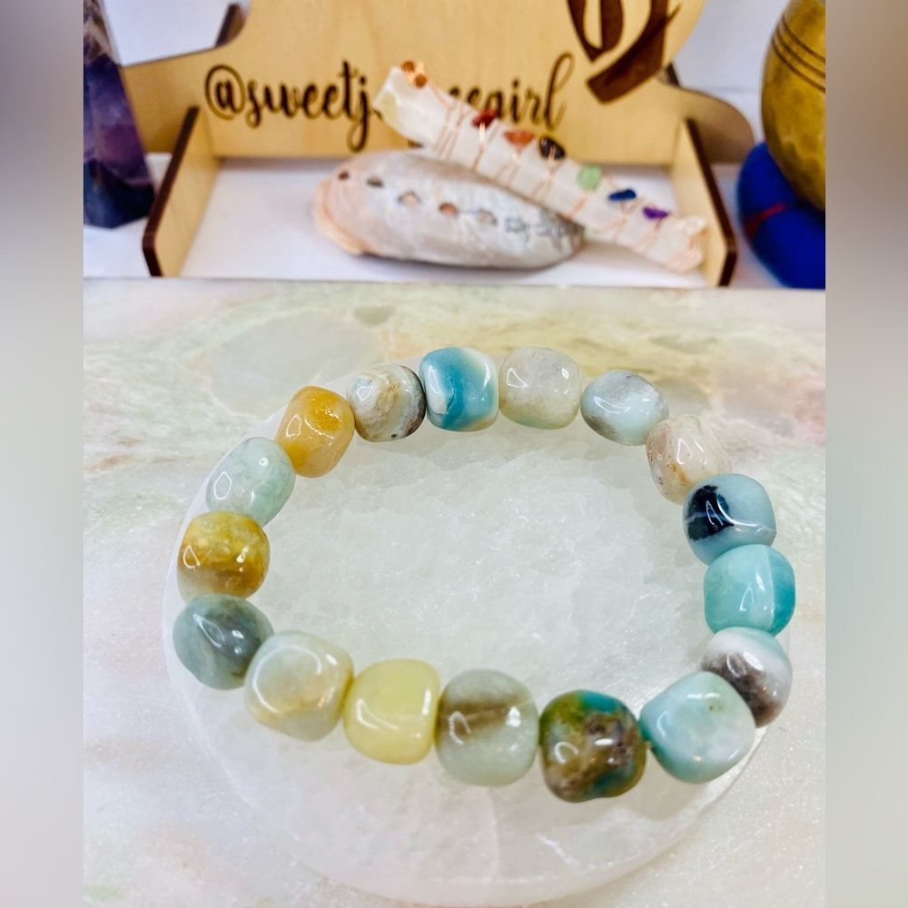 Natural Blue Amazonite Stone of Serenity Nugget Bead Unisex Stretch Bracelet